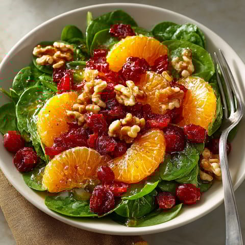 A bowl of salad with oranges, cranberries, and walnuts.