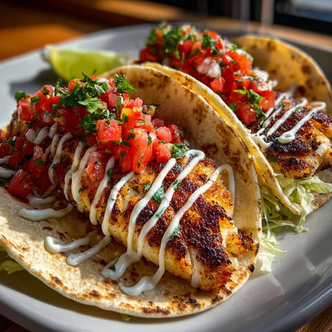 Grilled fish tacos with spicy mayo and pico de gallo.