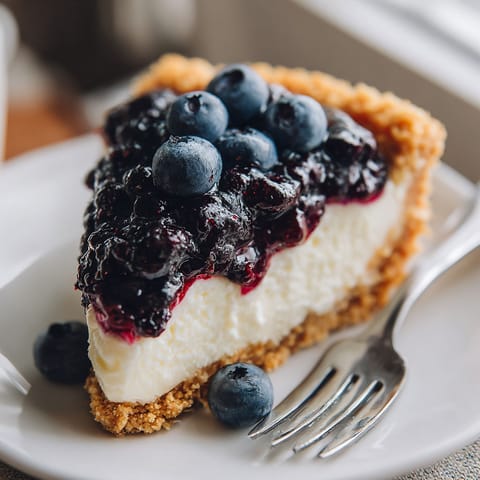 A slice of blueberry cheesecake on a plate.