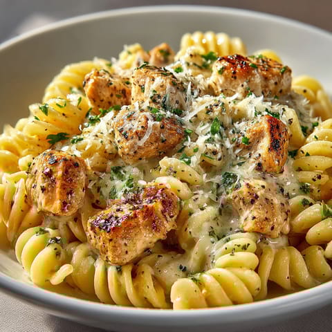 A bowl of pasta with chicken and cheese.