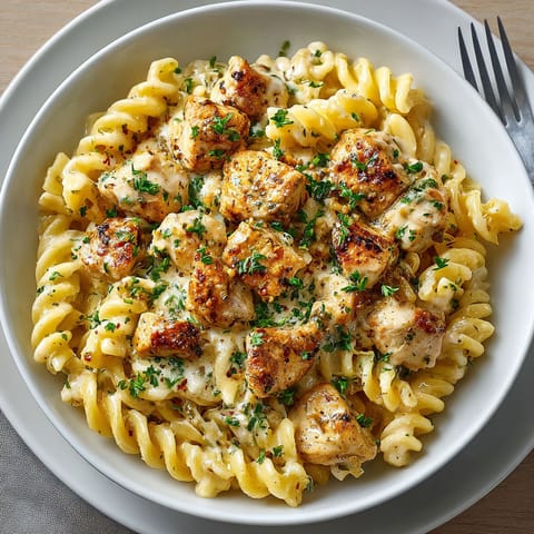 A plate of pasta with chicken and herbs.