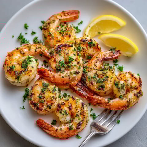 A plate of shrimp with lemon wedges on top.