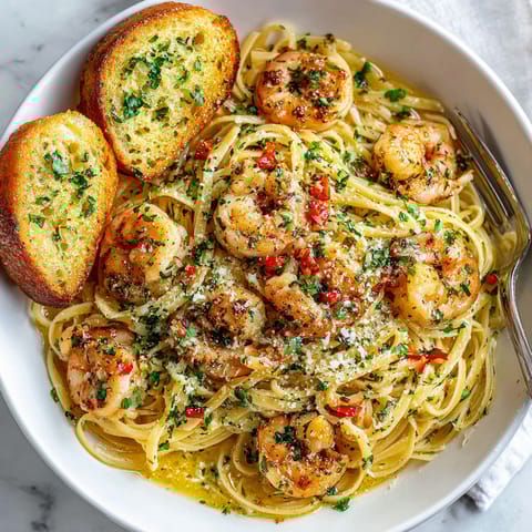 A bowl of shrimp scampi with garlic bread on the side.