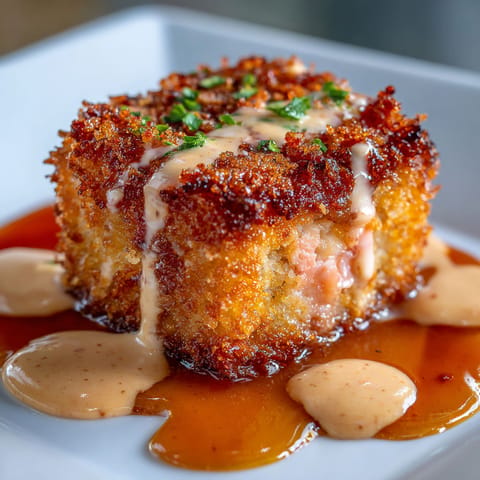 A piece of food with a sauce on it.