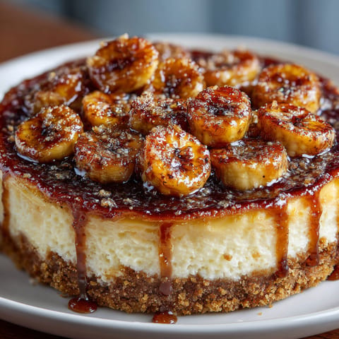 A slice of cake with bananas on top.