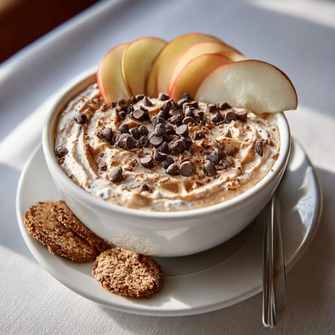 A bowl of cottage cheese dough dip with chocolate chips.
