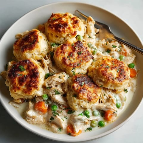 Hearty homestyle chicken &amp; biscuit casserole served fresh with rich, creamy sauce and tender veggies.