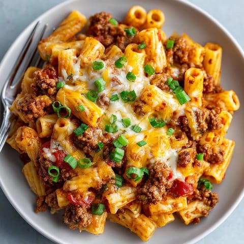 Vibrant One-Pan Taco Macaroni served hot with savory ground beef and colorful bell peppers
