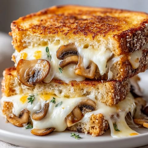 Close-up of a delicious Mushroom Swiss Grilled Cheese, oozing with melted cheese and mushrooms.