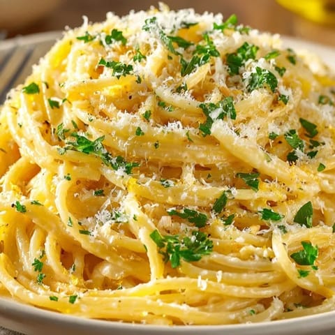 A steaming bowl of One-Pot Lemon Garlic Pasta, family favorite ready to serve.