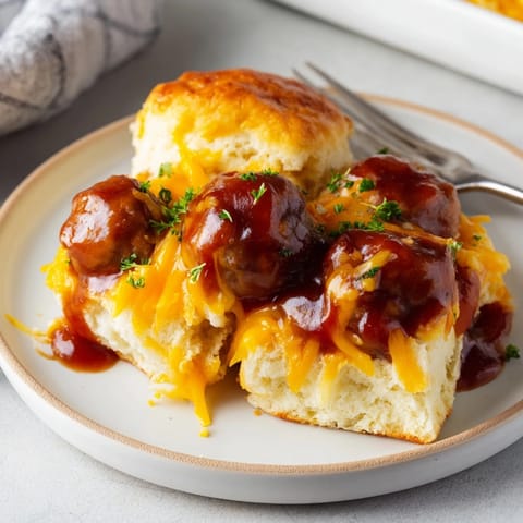 Savory BBQ Meatball Biscuit Bake: tender meatballs nestled in fluffy biscuits, fresh parsley garnish.