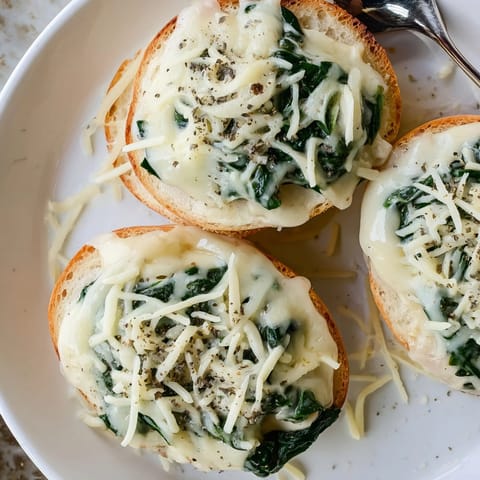 Creamy Alfredo Spinach Pizza Bagel Bites, showcasing melted mozzarella and vibrant green spinach.