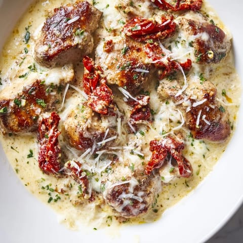 Golden, bubbly Alfredo Sundried Tomato Chicken Bake showing tender chicken and bright sundried tomatoes.