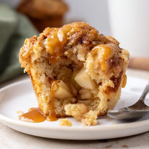 Warm, spiced Caramel Apple Cinnamon Roll Muffins with swirled cinnamon and sweet caramel.