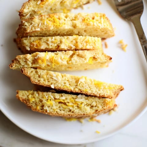 Golden-brown Ricotta Lemon Coconut Biscotti with coconut shreds, served beside warm tea.  