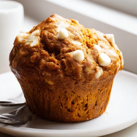Warm, spiced pumpkin muffins adorned with white chocolate, ideal for cozy gatherings.  
