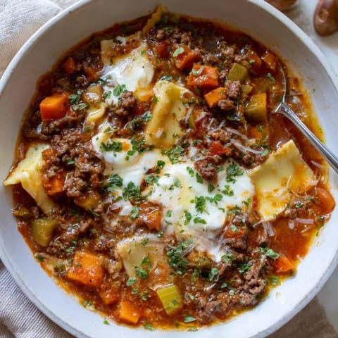 Hearty Gluten-Free Lasagne Soup served with rich flavors and melted cheese.  