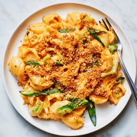 Vibrant Spicy Kimchi Mac & Cheese, melting cheese layered with tangy kimchi goodness.  