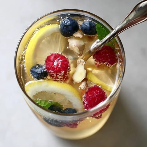 Kombucha-style home-brew mocktails served over ice, garnished with mint and citrus slices.  