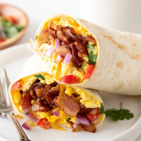 Deliciously wrapped smoked bacon & cheddar breakfast burritos, perfect for a morning feast.  