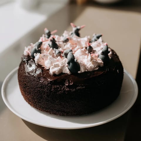 Close-up of a decadent Rat Cake featuring rich dark chocolate and decorative rat figures.