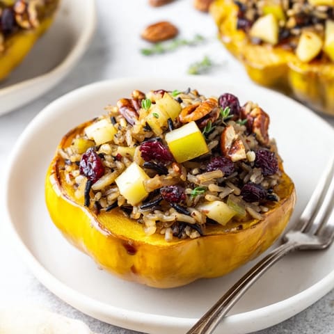 Savory wild rice stuffing overflowing from roasted acorn squash, with a glossy maple sriracha glaze.