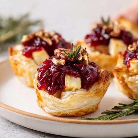 Warm cranberry brie bites, featuring melted cheese and a sweet-tart cranberry topping, ready to enjoy.