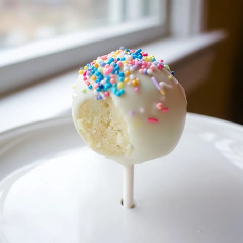 Frosted lightened-up sugar cookie cake pops, bite-sized and coated in creamy white chocolate.