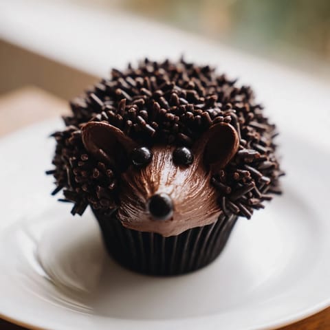 Chocolate sprinkles cover the backs of hedgehog cupcakes in a whimsical party-ready tower.