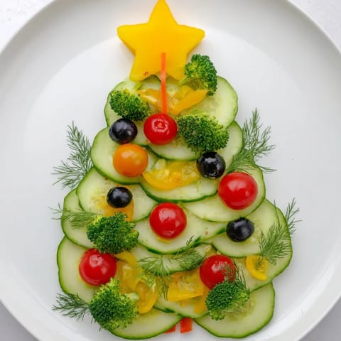 Festive Tree Cucumber Tomato Platter with vibrant tomatoes and cucumbers, ready to be enjoyed as a refreshing appetizer.