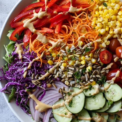 Fresh, bright rainbow salad featuring crisp, colorful veggies, tossed in a tangy dressing.