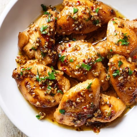 Golden, bite-sized Garlic Butter Chicken Bites glistening, ready to serve with fresh parsley garnish.