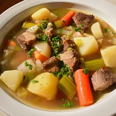 Close-up of a rustic Welsh Cawl, a stew filled with savory lamb, served hot with fresh parsley.