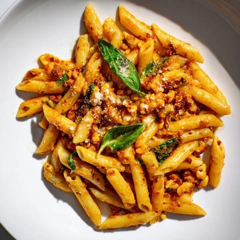 Close-up of bright red Sun-Dried Tomato Pesto Pasta, the perfect Italian vegetarian meal.
