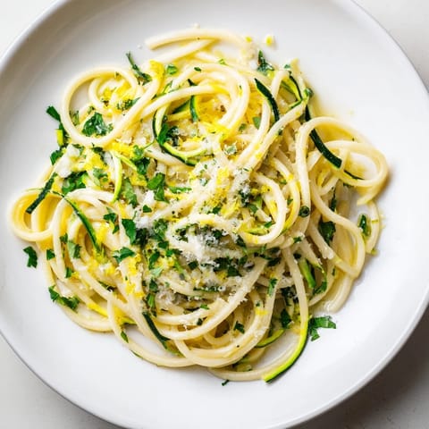 Fresh, flavorful Lemon Zucchini Pasta, garnished with parsley, a delightful vegetarian dinner idea.
