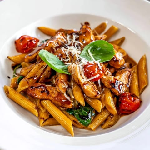 Delicious Balsamic Glazed Chicken Pasta: Penne and chicken coated with a vibrant balsamic glaze, ready to enjoy.