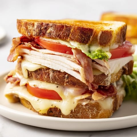 A beautifully browned Turkey Club Grilled Cheese, perfectly layered with turkey and fresh tomato slices.