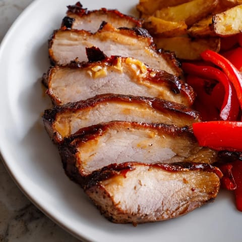A rustic skillet shows seared Ibérico pork fillet surrounded by crispy potatoes and sweet roasted peppers.  