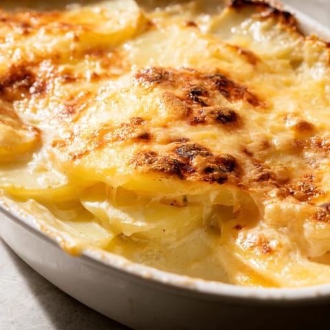 A rustic Cheese and Potato Pie with tender potatoes, onions, and herbs in a creamy sauce.