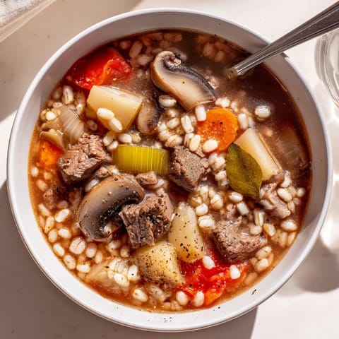 A ladle lifts wholesome vegetable beef barley and mushroom soup, showcasing diced carrots, potatoes, and celery in a comforting, steaming bowl.