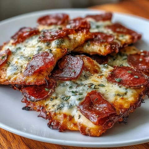 Spicy pepperoni slices topped with melted mozzarella and cheddar, served as an easy keto appetizer.  