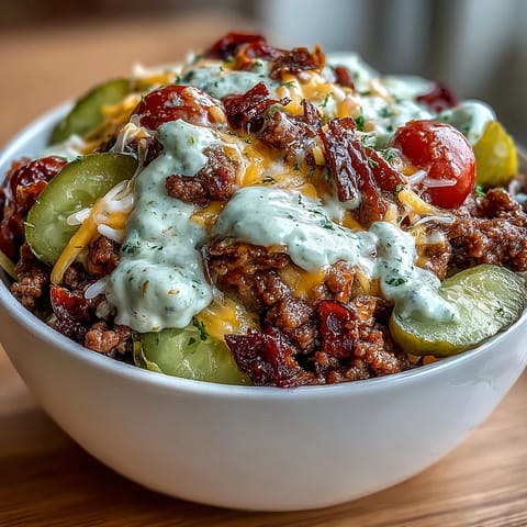 Spoonful of tangy burger-style sauce drizzled over High-Protein Cheeseburger Bowls, garnished with fresh red onion and creamy avocado slices.