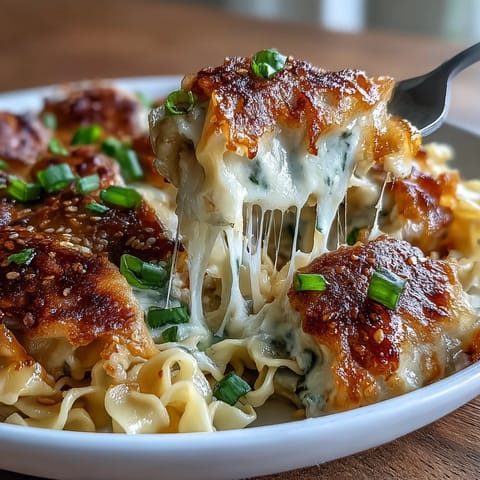 Golden-baked Dumpling Ramen Bake emerges from the oven with melted cheese, green onions, and tender dumplings nestled in a savory garlic-soy broth.