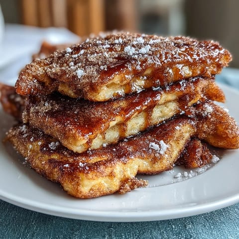 Golden-brown Spanish churro-inspired pancakes stacked high, glistening with melted butter and a heavy dusting of cinnamon sugar.
