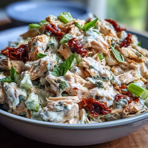 Creamy basil-garlic dressed chicken salad with sun-dried tomatoes on a whole-grain sandwich, ideal for a protein-packed lunch.