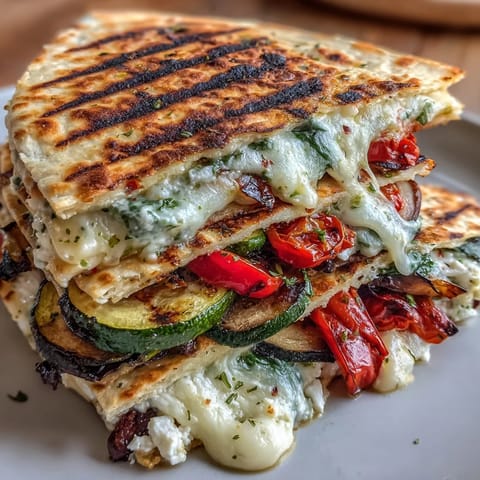 Grilled Mediterranean Veggie Quesadillas with smoky vegetables, mozzarella, and fresh herbs on a plate.