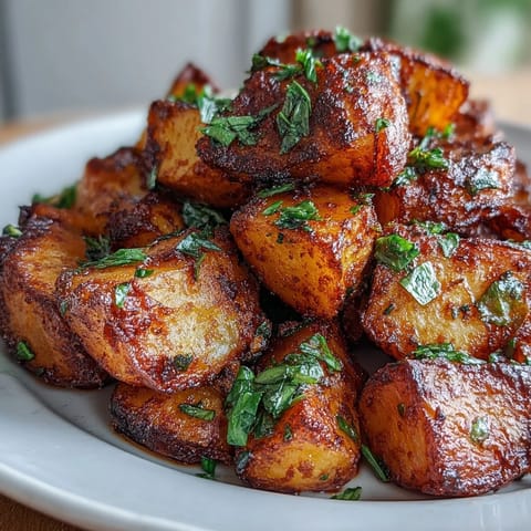 Golden-brown crispy potatoes tossed in a smoky Mexican-style sauce, garnished with fresh cilantro and lime wedges.