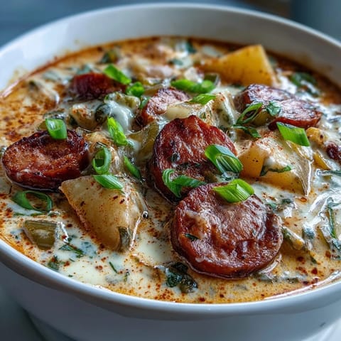 A steaming bowl of Creamy Cajun Potato Soup with Andouille Sausage, garnished with fresh green onions and served next to crusty bread.  