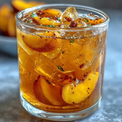 Sweet and fruity mango iced tea served in a tall glass, garnished with fresh mango slices and mint for summer.  