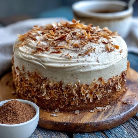 Overhead view of the Vegan Hojicha Latte Cake, featuring a whole cake with toasted coconut flakes on top, ready to be sliced and served. 